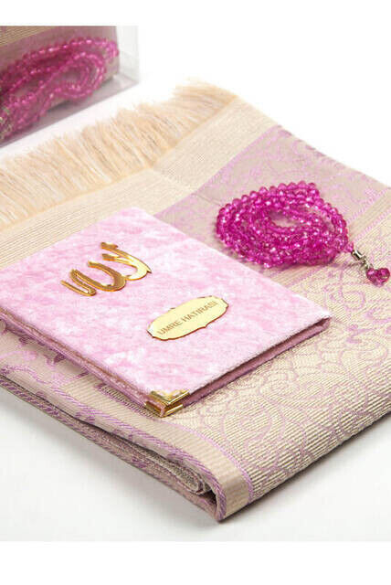 Velvet Coated Yasin Book - Bag Boy - Name Special Plate - Seccadeli - Rosary - Boxed - Pink Color - Mevlut Gift Set - 2