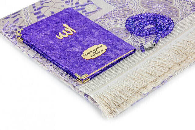 Velvet Coated Yasin Book - Bag Boy - Name Special Plate - Seccadeli - Rosary - Boxed - Purple - Mevlut Gift - 2