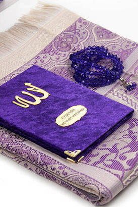 Velvet Coated Yasin Book - Bag Boy - Name Special Plate - Seccadeli - Rosary - Boxed - Purple Color - Mevlid Gift Set - 2