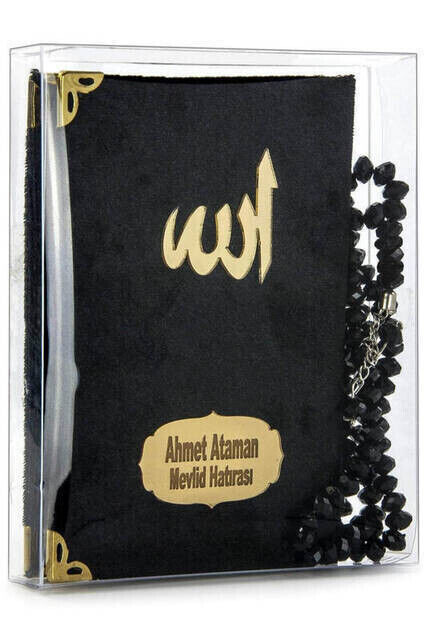 Velvet Coated Yasin Book - Cep Boy - Name Special Plate - Rosary - Boxed - Black - Mevlut Gift - 1