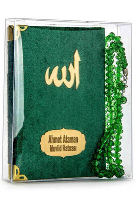 Velvet Coated Yasin Book - Cep Boy - Name Special Plate - Rosary - Boxed - Green - Mevlut Gift - 1