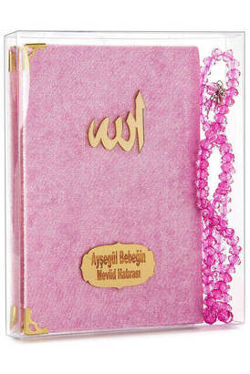 Velvet Coated Yasin Book - Cep Boy - Name Special Plate - Rosary - Boxed - Pink - Mevlut Gift - 1