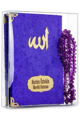 Velvet Coated Yasin Book - Cep Boy - Name Special Plate - Rosary - Boxed - Purple - Mevlut Gift - 1