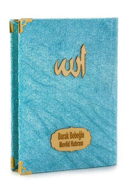 Velvet Coated Yasin Book - Cep Boy - Name Special Plate - Seccadeli - Rosary - Boxed - Blue - Mevlut Gift - 2