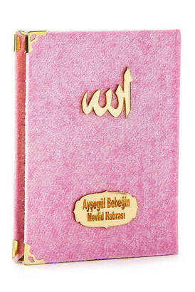 Velvet Coated Yasin Book - Cep Boy - Name Special Plate - Seccadeli - Rosary - Boxed - Pink - Mevlut Gift - 4