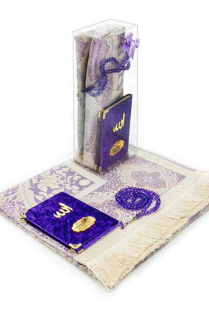 Velvet Coated Yasin Book - Cep Boy - Name Special Plate - Seccadeli - Rosary - Boxed - Purple - Mevlut Gift - 1