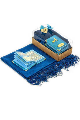 Velvet Coated Yasin Book - Cep Boy - Name Special Plate - Tulle Shawl - Rosary - Boxed - Petroleum Color - Islamic Gift - 2