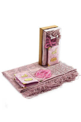 Velvet Coated Yasin Book - Cep Boy - Name Special Plate - Tulle Shawl - Rosary - Boxed - Pink Color - Islamic Gift - 1