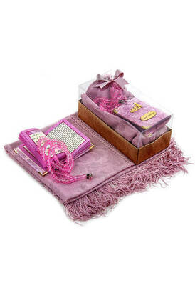 Velvet Coated Yasin Book - Cep Boy - Name Special Plate - Tulle Shawl - Rosary - Boxed - Pink Color - Islamic Gift - 2