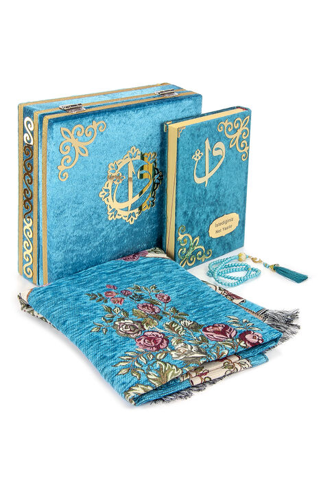 Velvet Covered Box Personalized Gift Quran Set with Prayer Rug Blue - 1