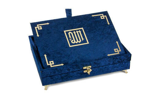 Velvet Covered Gift Quran Set with Recliner - Navy Blue - 3