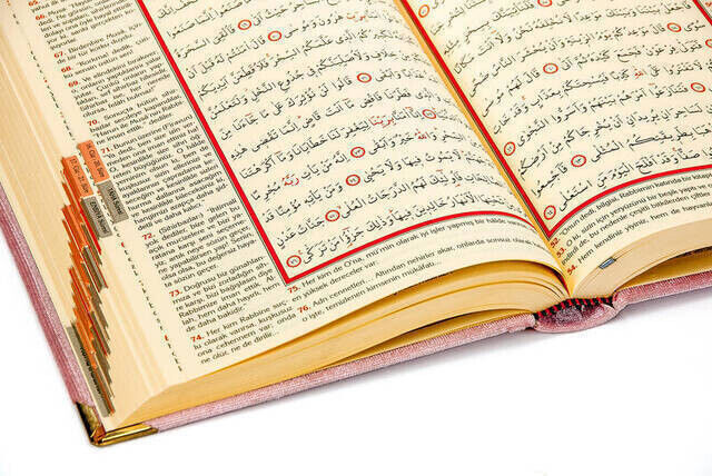 Velvet Covered Holy Quran with The Special Name Plate - Medium Size - Turkish Translation - Pink - 3