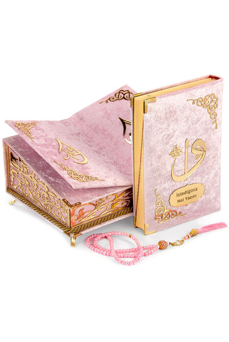 Velvet Covered Personalized Gift Quran Set with Chest and Chair Pink - 1