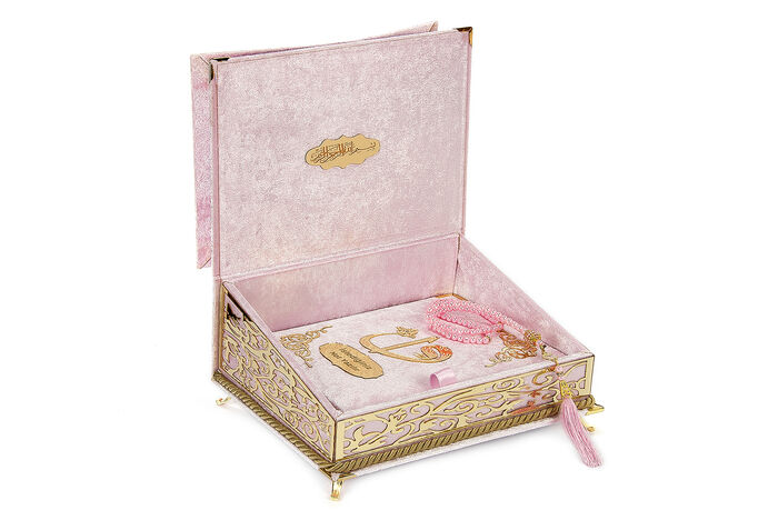 Velvet Covered Personalized Gift Quran Set with Chest and Chair Pink - 3