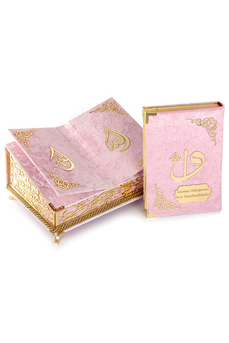 Velvet Covered Personalized Gift Quran Set with Chest and Chair Pink - 6