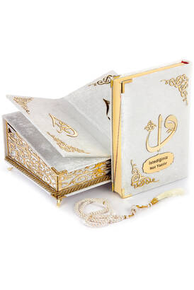 Velvet Covered Personalized Gift Qur'an Set with Chest and Chair White - 1