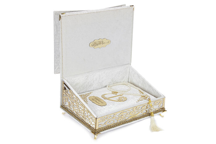 Velvet Covered Personalized Gift Qur'an Set with Chest and Chair White - 3