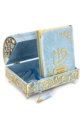 Velvet Covered Personalized Gift Quran Set with Treasure Chest Blue - 1