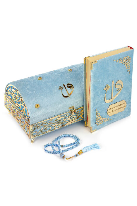 Velvet Covered Personalized Gift Quran Set with Treasure Chest Blue - 2