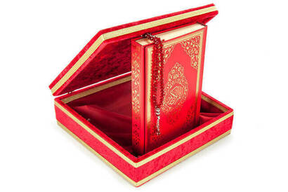 Velvet Covered Quran Set Designed Turkish Flag, and Its Box - 5