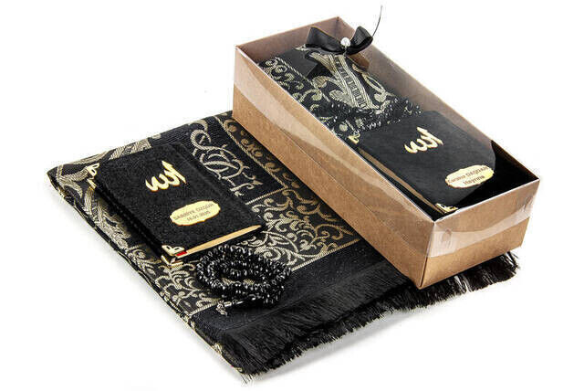 Velvet Covered Yasin Book - Pocket Size - Name Special Plate - Prayer Rug - Rosary - Boxed - Black Color - Mevlid Gift Set - 2