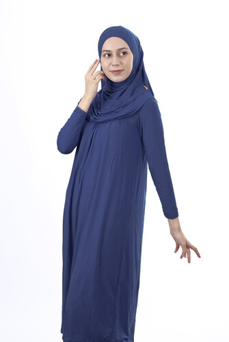 Waiter Size 12-15 Years Old Navy Blue One Piece Women's Prayer Dress with Headscarf - 2