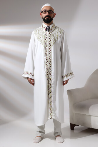 White Judge Collar Embroidered Men's Prayer Dress Imam Robe - 1