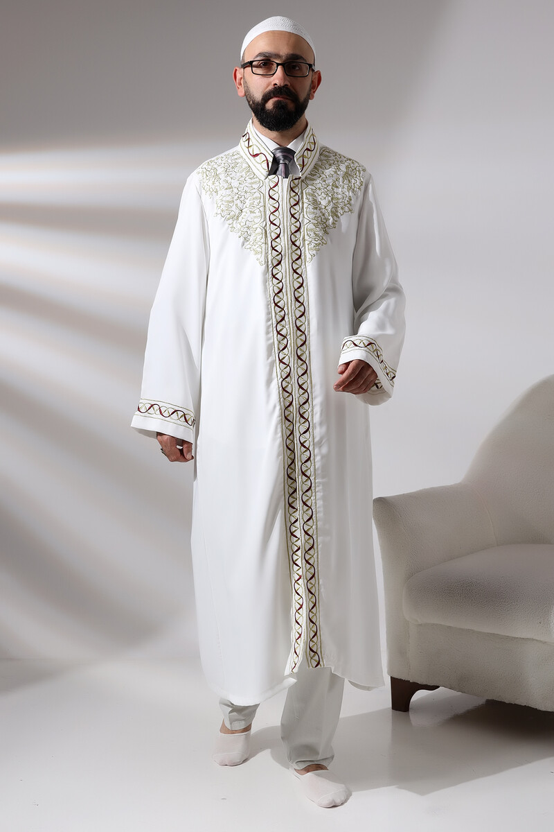 White Judge Collar Embroidered Men's Prayer Dress Imam Robe - 2