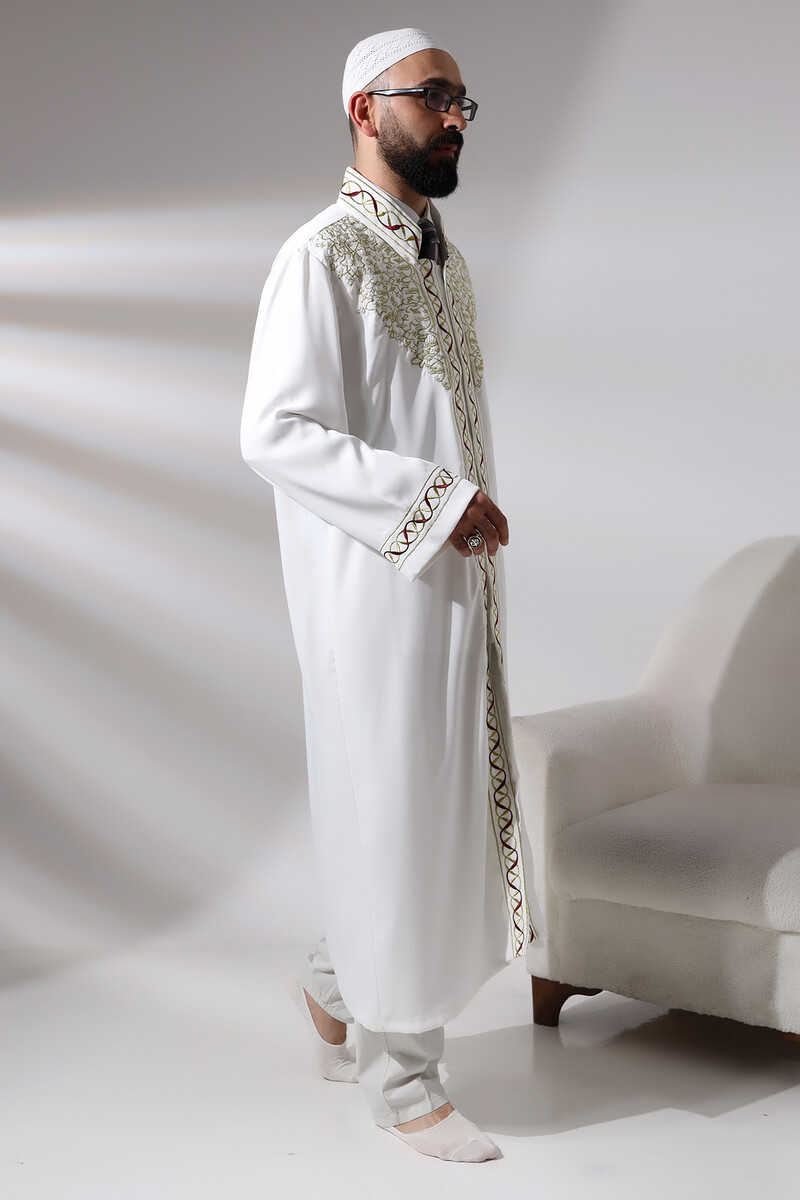 White Judge Collar Embroidered Men's Prayer Dress Imam Robe - 3