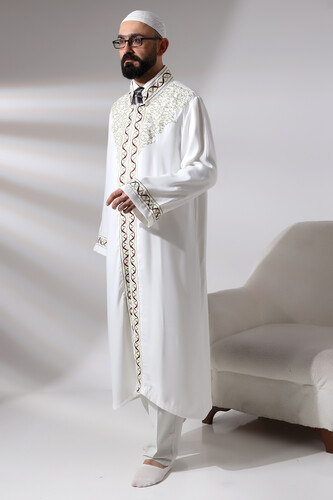 White Judge Collar Embroidered Men's Prayer Dress Imam Robe - 4