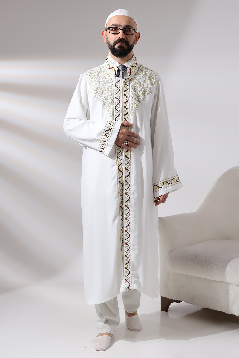 White Judge Collar Embroidered Men's Prayer Dress Imam Robe - 6