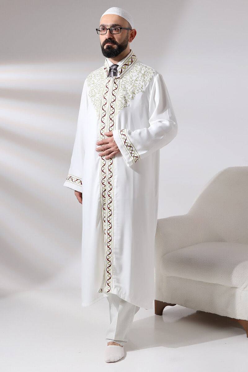 White Judge Collar Embroidered Men's Prayer Dress Imam Robe - 7