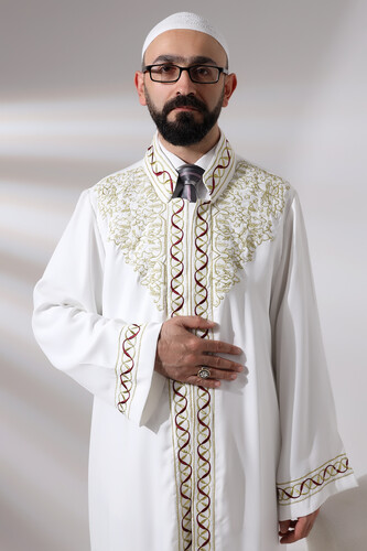 White Judge Collar Embroidered Men's Prayer Dress Imam Robe - 8