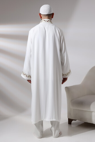 White Judge Collar Embroidered Men's Prayer Dress Imam Robe - 11