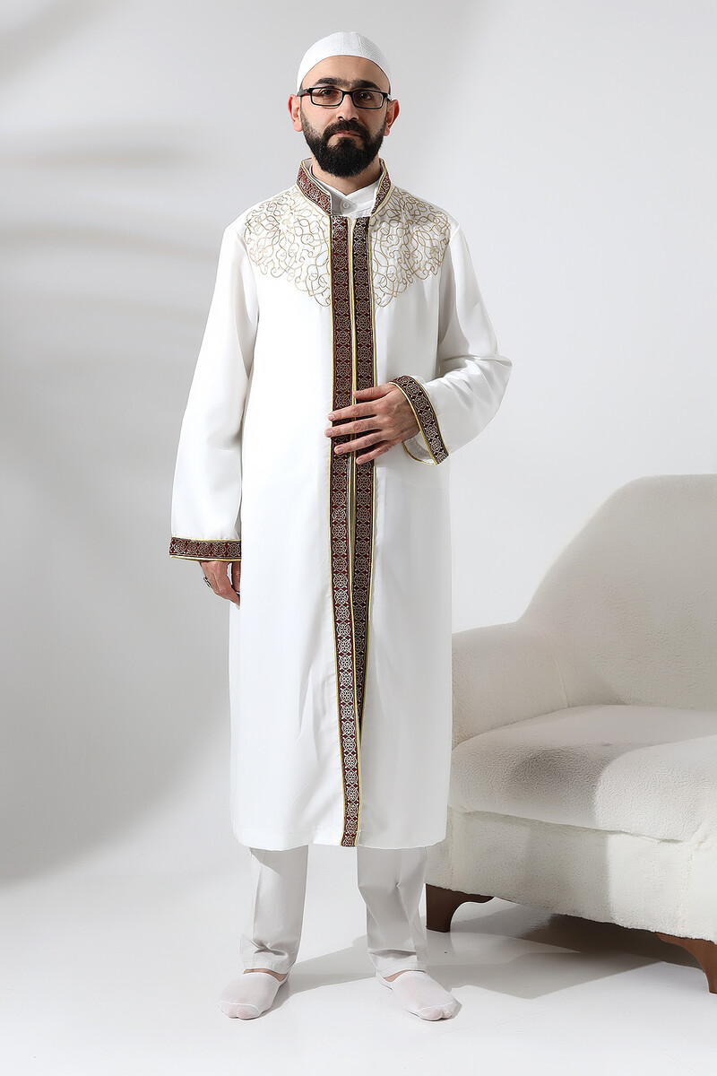 White Judge Collar Men's Prayer Robe Claret Red Stripe Embroidered Imam Robe - 1