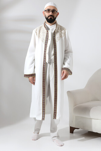 White Judge Collar Men's Prayer Robe Claret Red Stripe Embroidered Imam Robe - 4