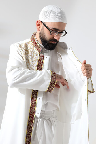 White Judge Collar Men's Prayer Robe Claret Red Stripe Embroidered Imam Robe - 5