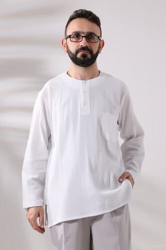 White Men's Comfortable Cut 3 Button Zero Collar Hajj and Umrah Sile Cloth Shirt - 1