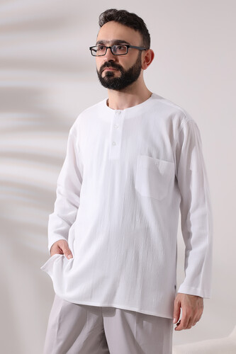 White Men's Comfortable Cut 3 Button Zero Collar Hajj and Umrah Sile Cloth Shirt - 2