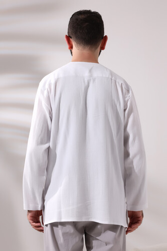 White Men's Comfortable Cut 3 Button Zero Collar Hajj and Umrah Sile Cloth Shirt - 3