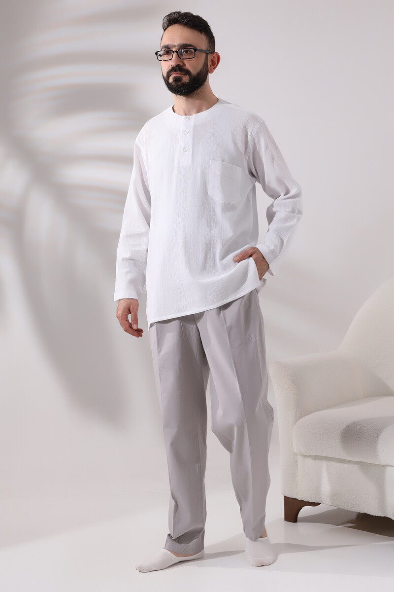 White Men's Comfortable Cut 3 Button Zero Collar Hajj and Umrah Sile Cloth Shirt - 4