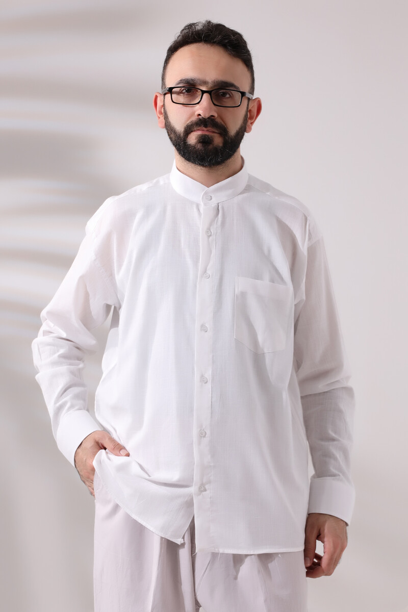 White Men's Loose Cut Single Pocket Judge Collar Hajj and Umrah Linen Shirt - 1