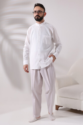 White Men's Loose Cut Single Pocket Judge Collar Hajj and Umrah Linen Shirt - 2