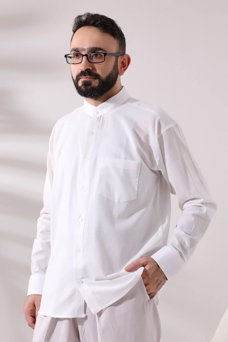 White Men's Loose Cut Single Pocket Judge Collar Hajj and Umrah Linen Shirt - 4