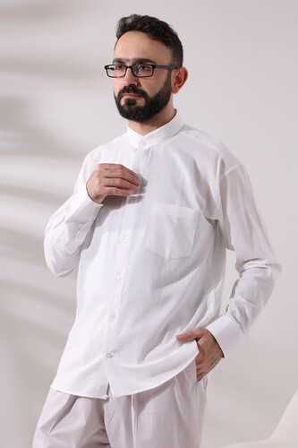 White Men's Loose Cut Single Pocket Judge Collar Hajj and Umrah Linen Shirt - 6