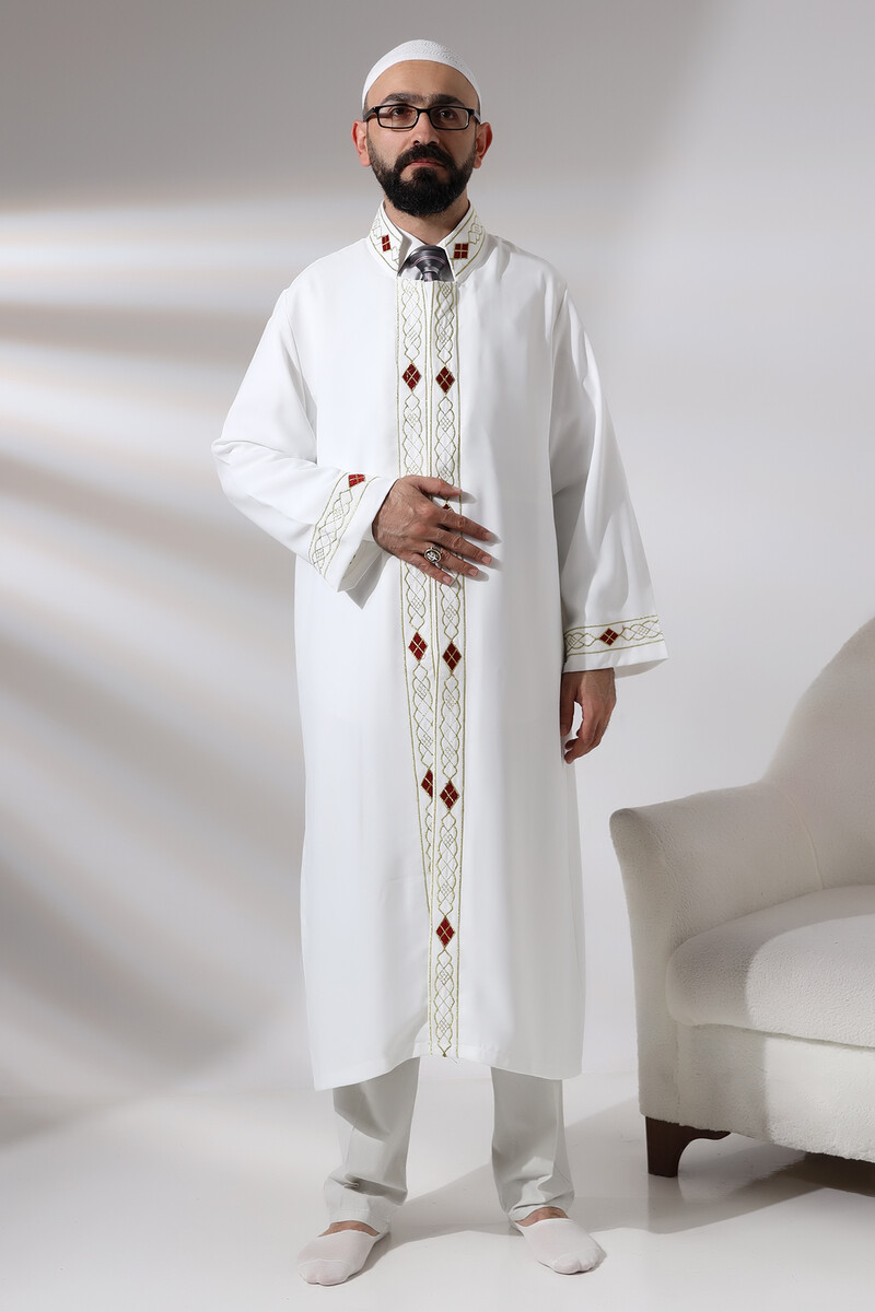 White Men's Prayer Dress Pattern Embroidered Judge Collar Imam Robe - 1