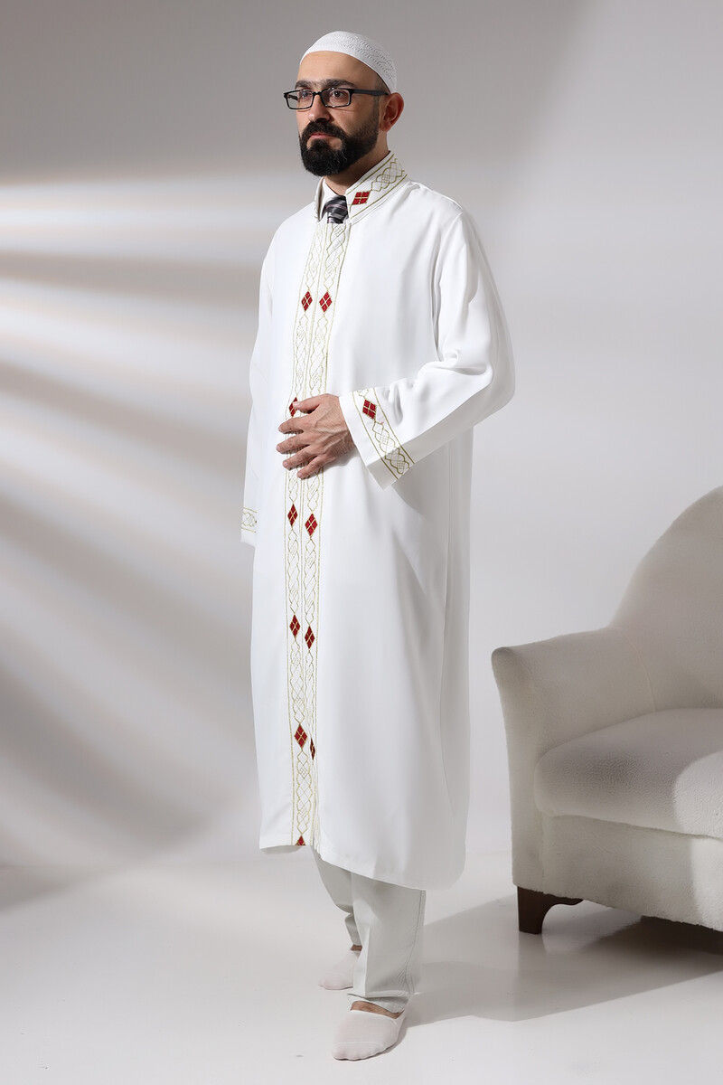 White Men's Prayer Dress Pattern Embroidered Judge Collar Imam Robe - 2