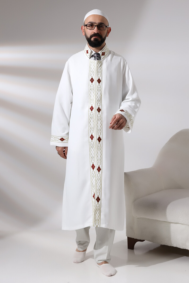 White Men's Prayer Dress Pattern Embroidered Judge Collar Imam Robe - 4