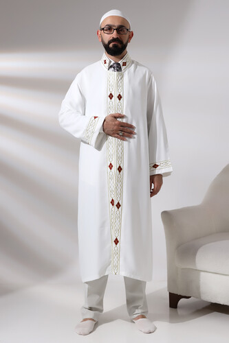 White Men's Prayer Dress Pattern Embroidered Judge Collar Imam Robe - 6