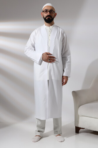 White Men's Prayer Dress V-Neck Buttonless Open Front Prayer Robe - 1